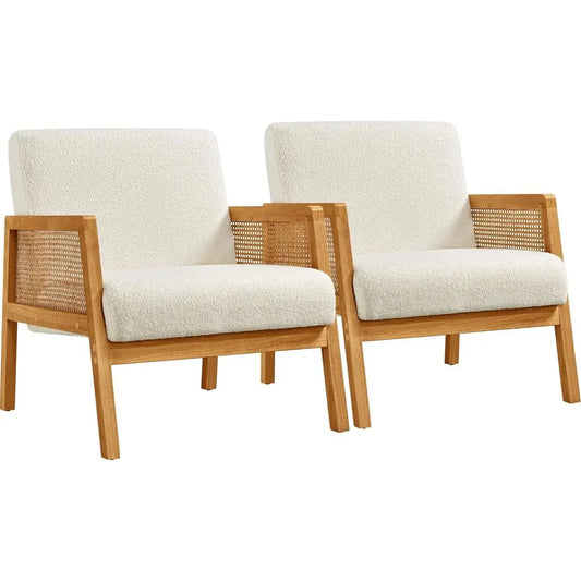 Rattan Accent Chairs Set Boho Vintage Boucle Fabric Reading Chairs