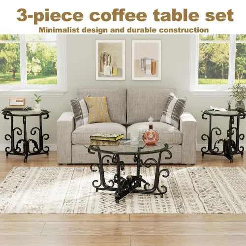 Three Piece Coffee Table Set With Tempered Glass Metal Frame
