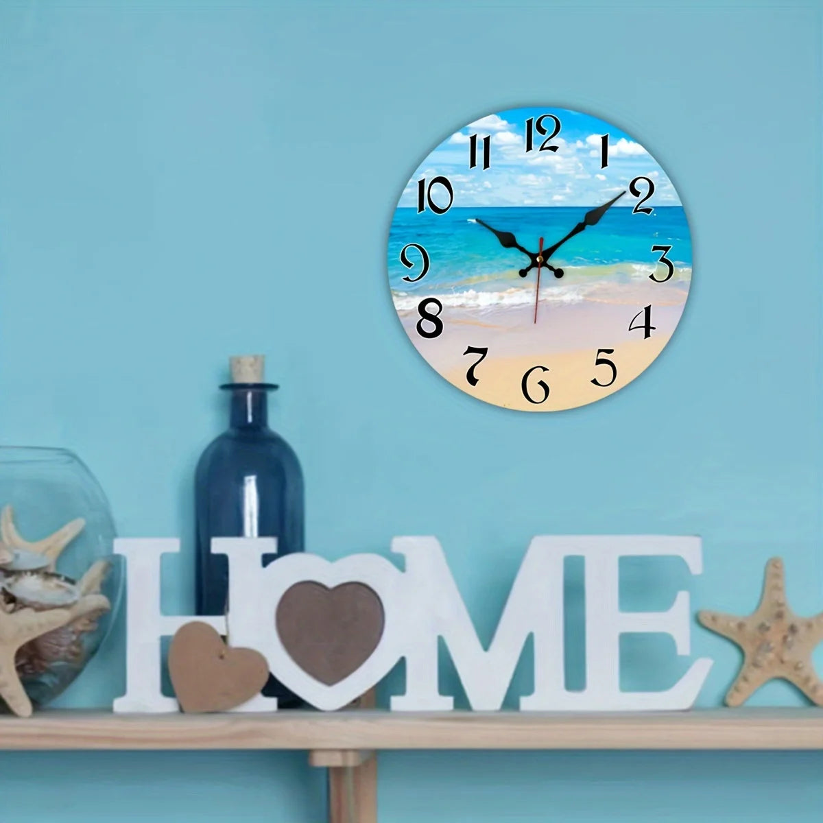 Blue Sky White Clouds Beach Themed Wall Clock Silent Battery Operated