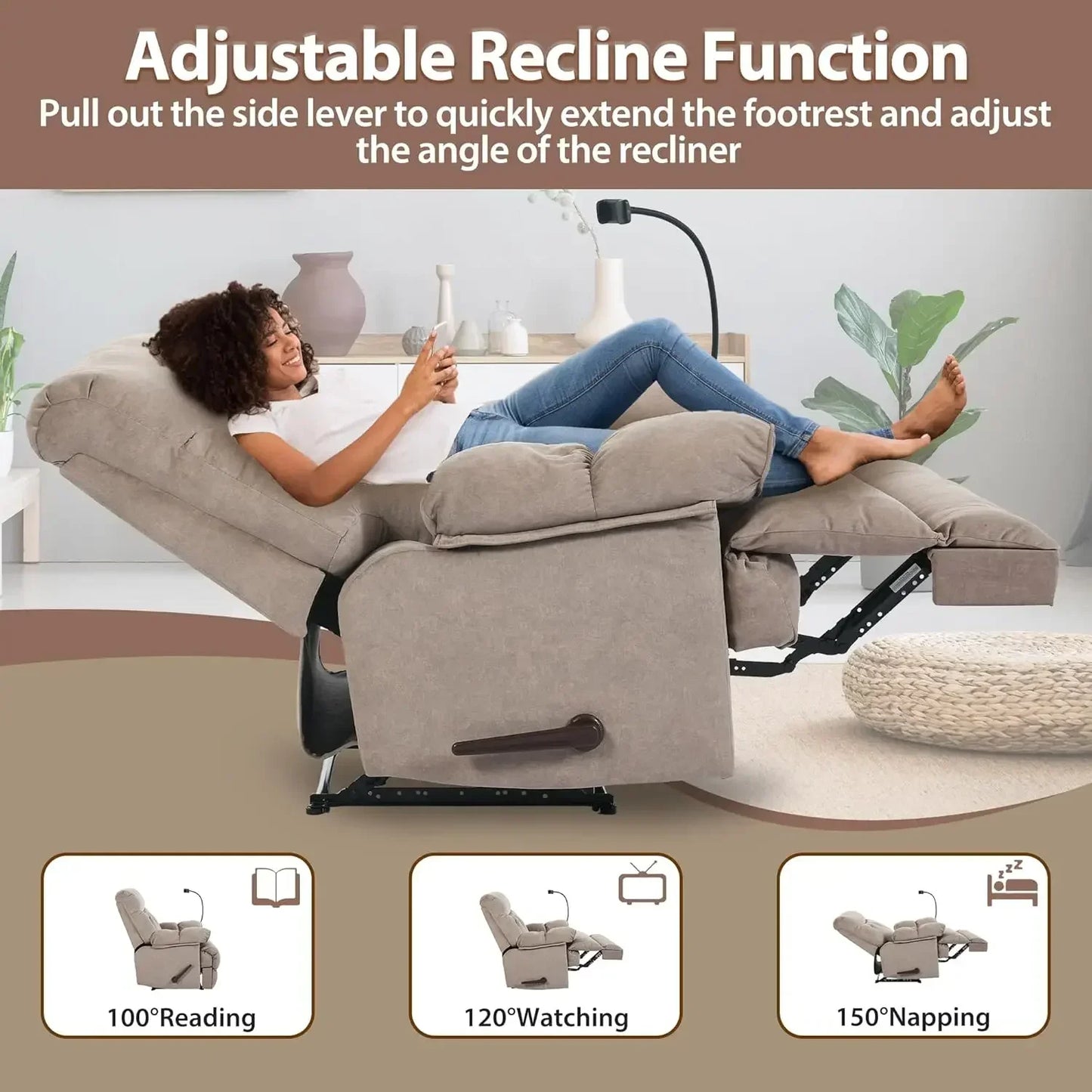 Heavy Duty Manual Recliner Chair With Phone Holder For Adults