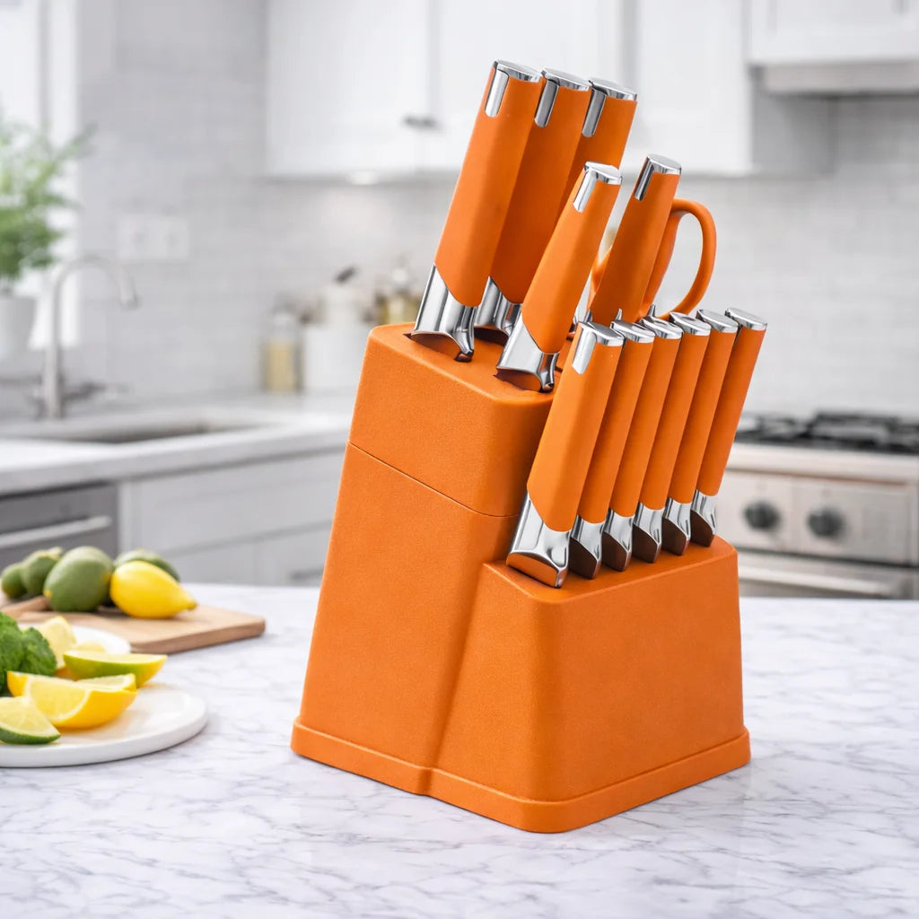 Knife Block Set With 6 Steak Knives High Carbon Stainless