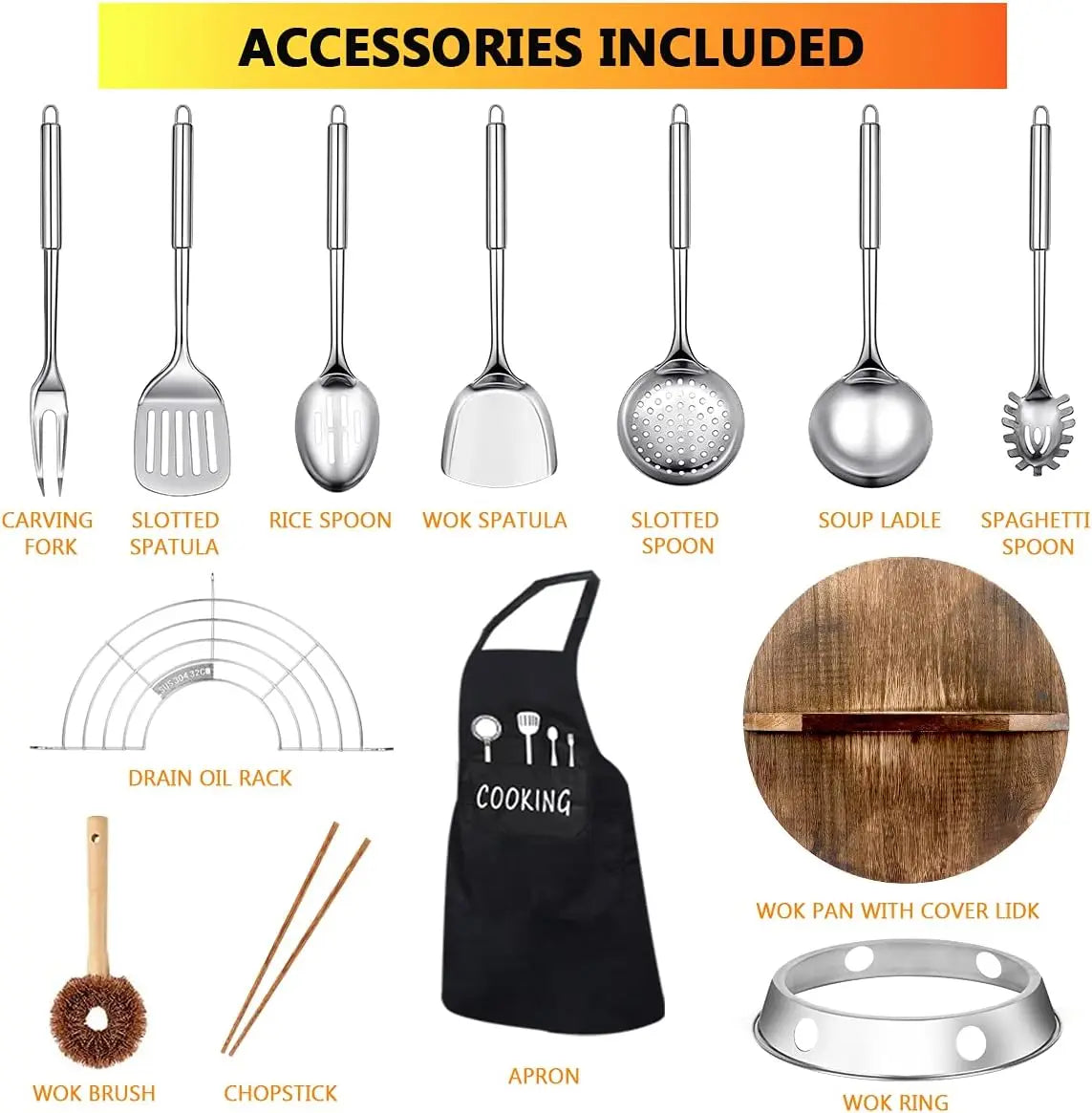 Carbon Steel Wok Pan Set With Wooden Lid And Utensils