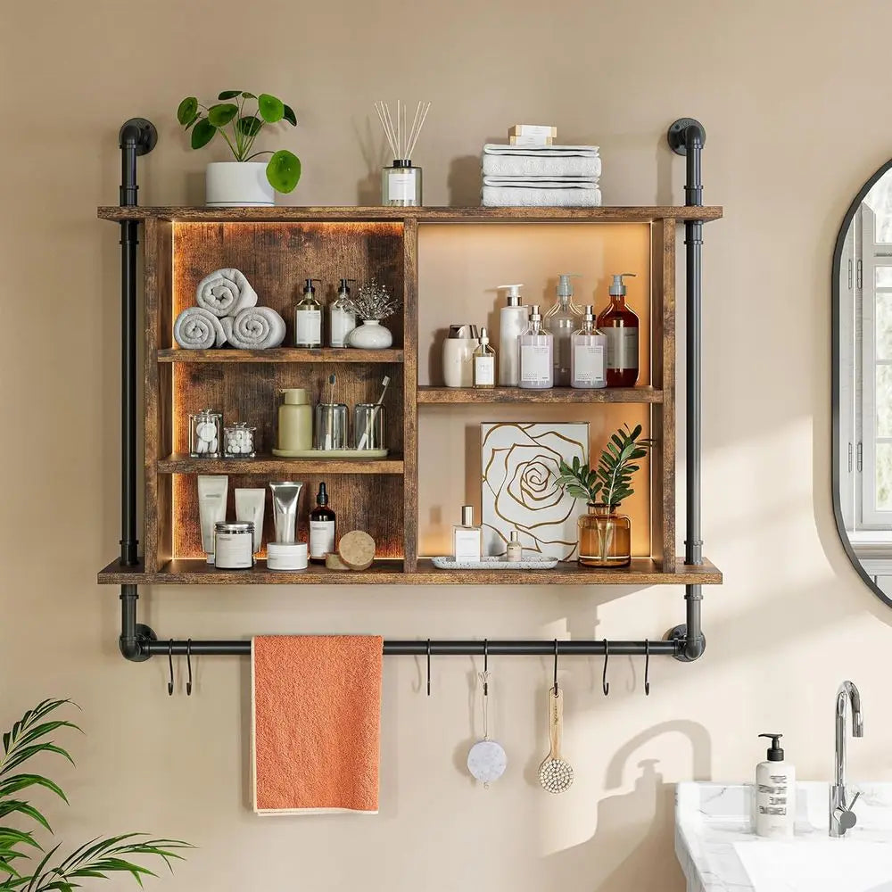 4-Tier Industrial Pipe Wall Mount Shelves With Dimmable RGB LED