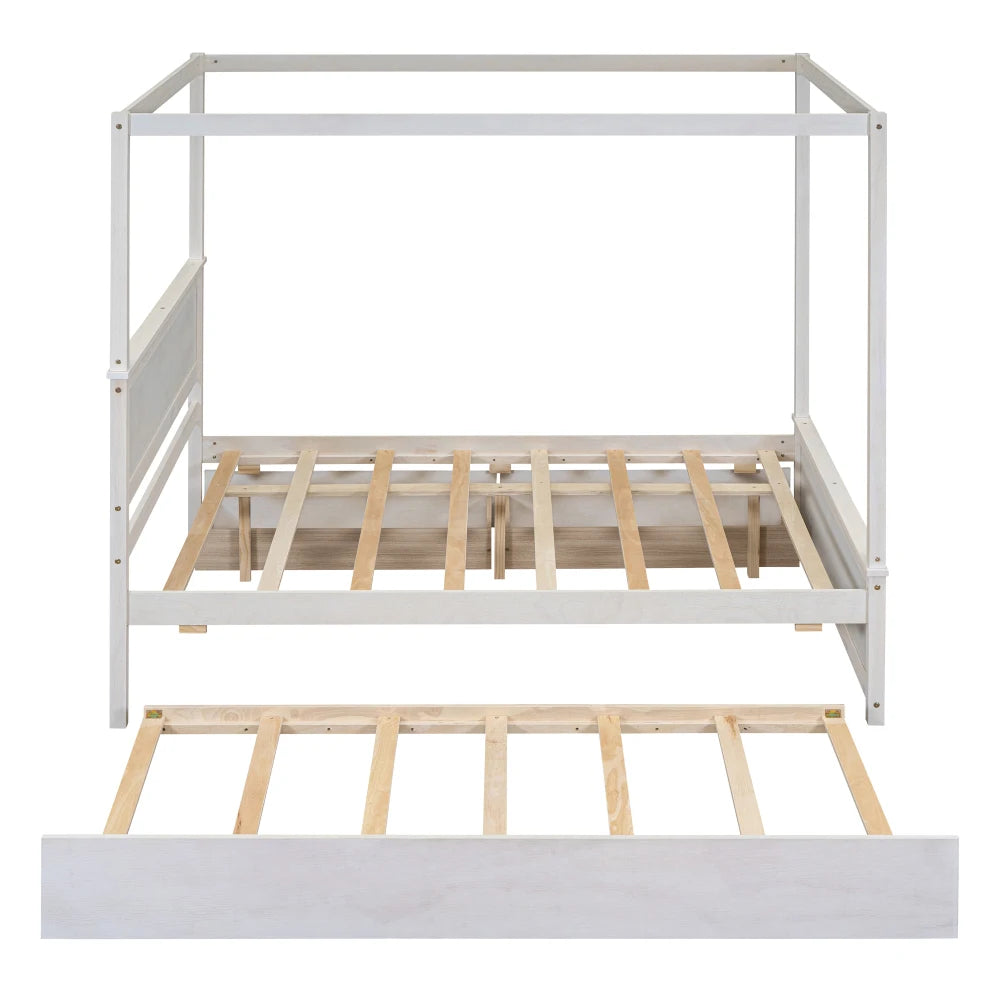 Solid Wood Canopy Bed With Trundle And Two Drawers