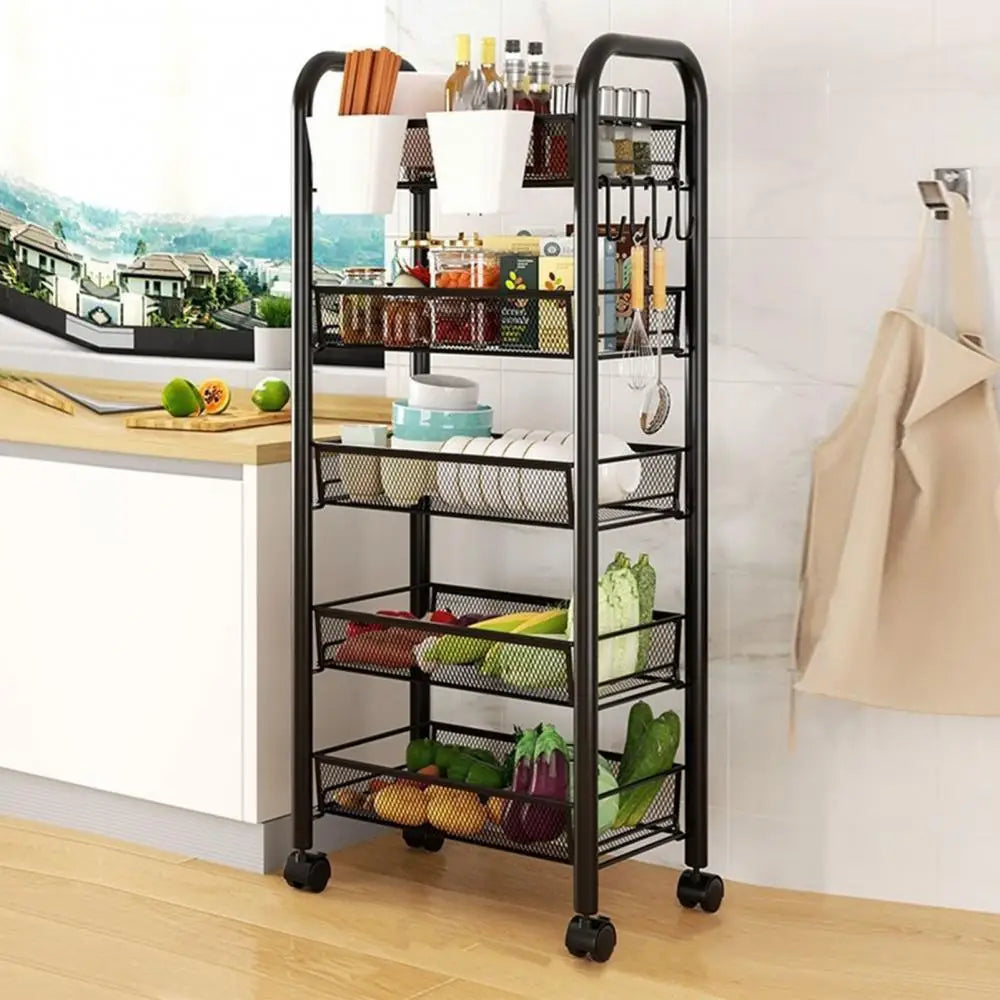 Five Tier Stackable Metal Mesh Fruit and Vegetable Storage Basket with Wheels