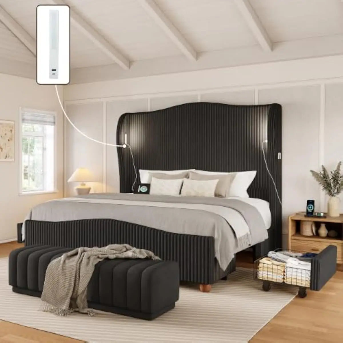 Upholstered Bed With Tall Wingback Headboard, LED Lighting And Storage