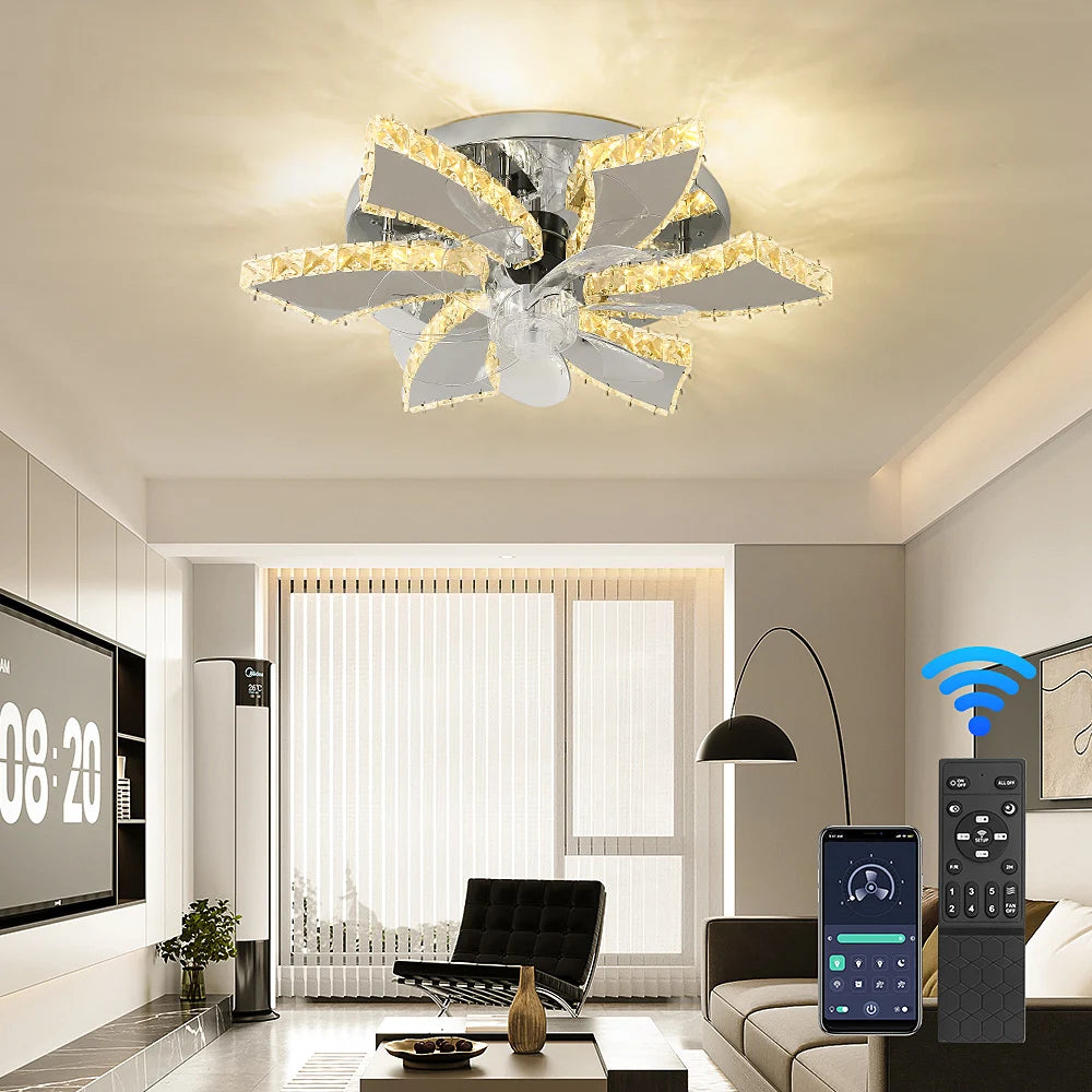 VETRULUS Modern Crystal LED Ceiling Fan Chandelier Smart Remote