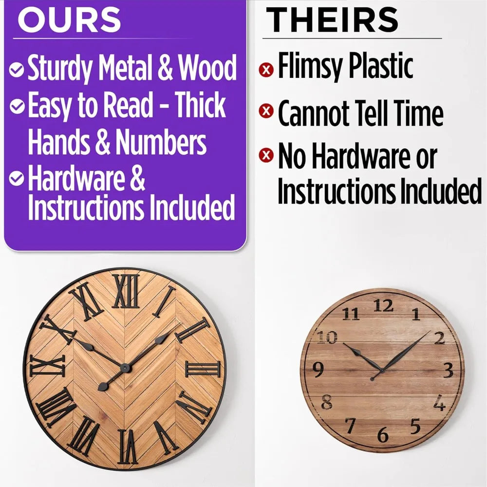 Farmhouse Wall Clock Silent Metal And Wood Living Room Decor