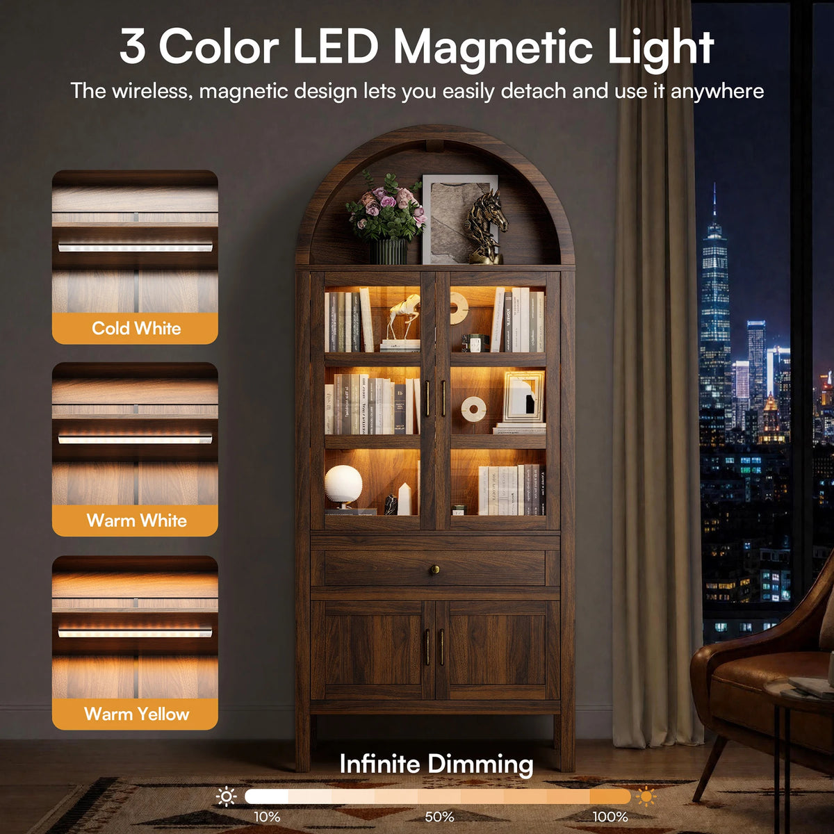 Cottinch Arched Storage Cabinet Adjustable Shelves Dimmable LED Lights