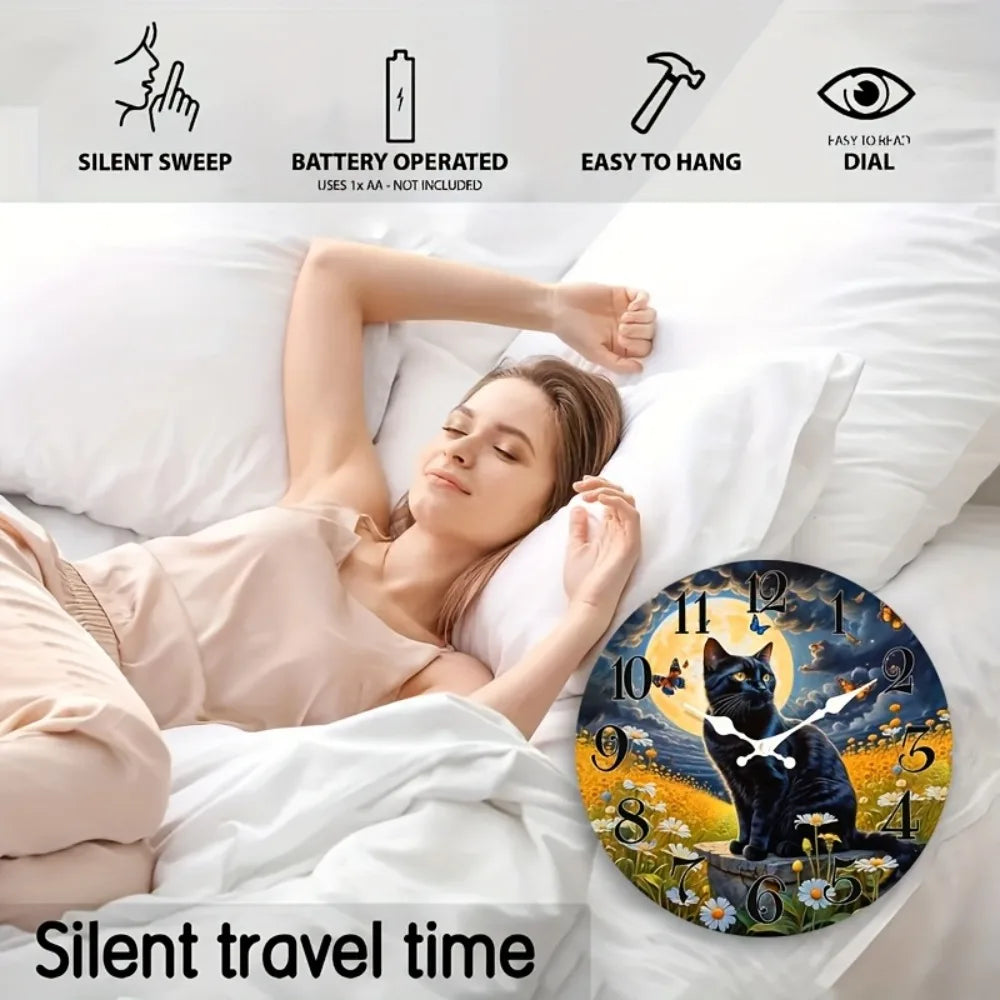 XMSJ Moon And Kitten Scene Silent Wall Clock Home Decor