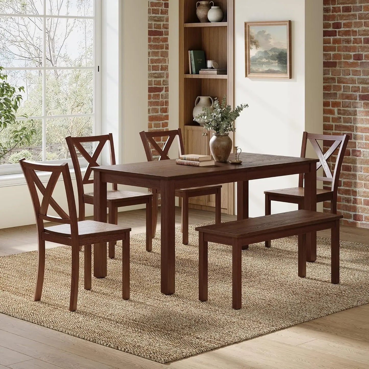 Farmhouse 6-Piece Dining Set With Wooden Table And Chairs