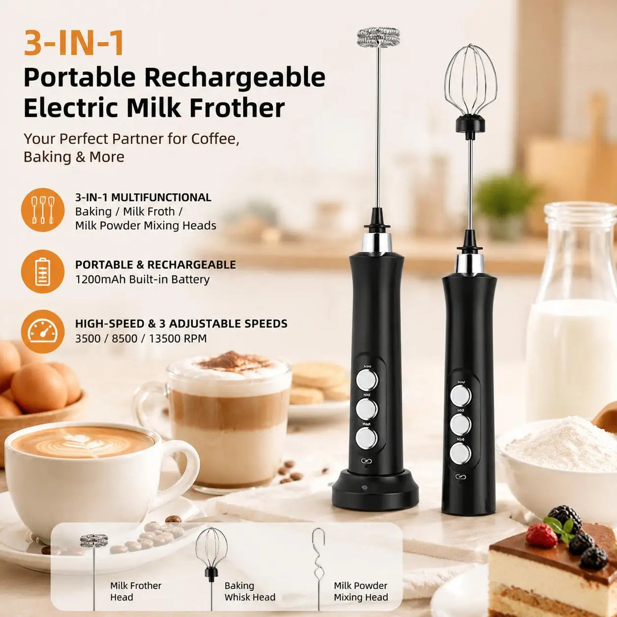 Stonego Rechargeable Handheld Milk Frother With Three Speed Settings