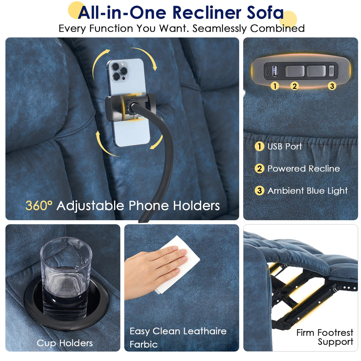 Manual Recliner Sofa With Massage Heating And Bluetooth Console