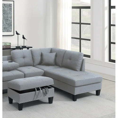 Segmented Storage Sofa Set with Plush Cushions and Cup Holders