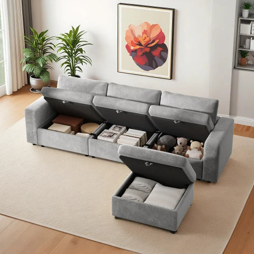 L Shaped Velvet Sofa Cloud Style With Storage Ottoman