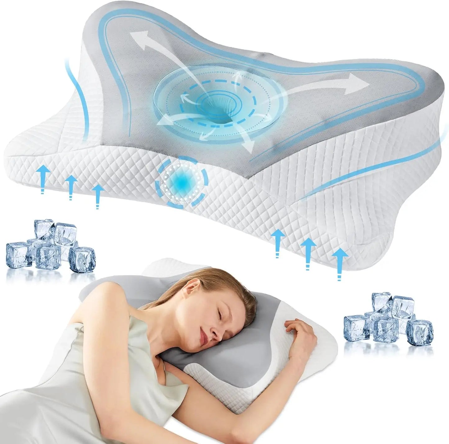 Cooling Ergonomic Memory Foam Pillow for Neck Pain Relief Dual Height Support