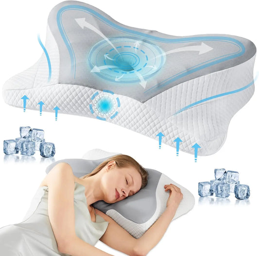 Cooling Ergonomic Memory Foam Pillow for Neck Pain Relief Dual Height Support