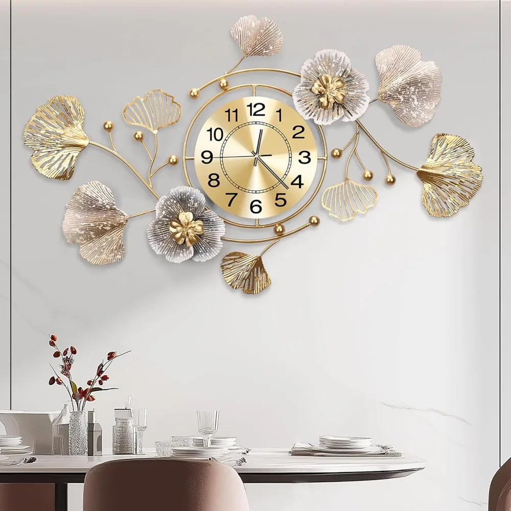 3D Silent Ginkgo Leaf Wall Clock With Retro Metal Design