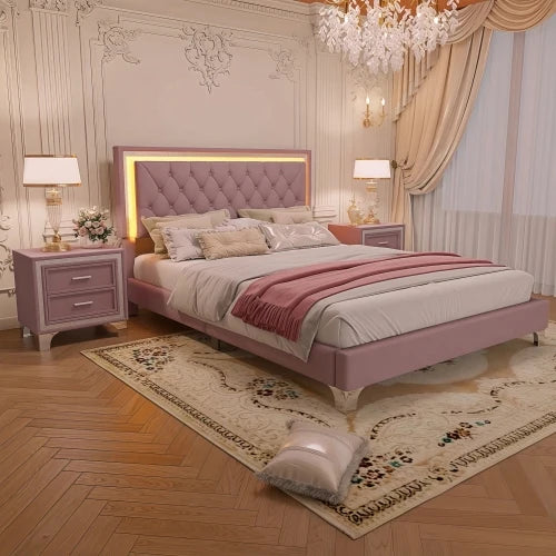 Queen Size Upholstered Platform Bed With LED Lights And Nightstands