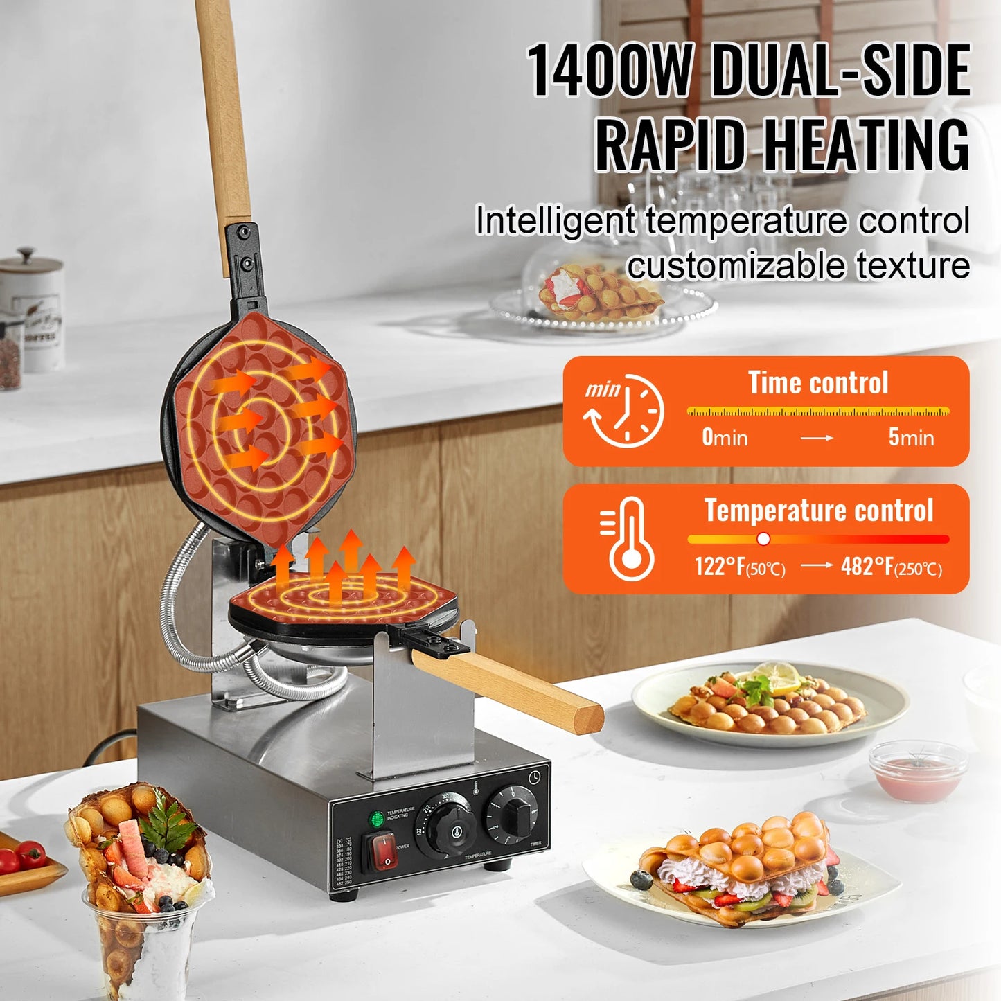 VEVOR SucceBuy Commercial Egg Bubble Waffle Maker 1400W Rotatable