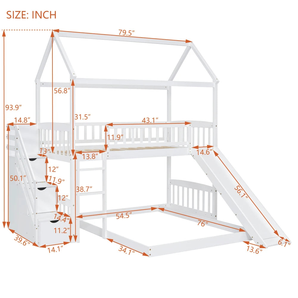 Twin Over Full House Bunk Bed With Slide Pine Frame