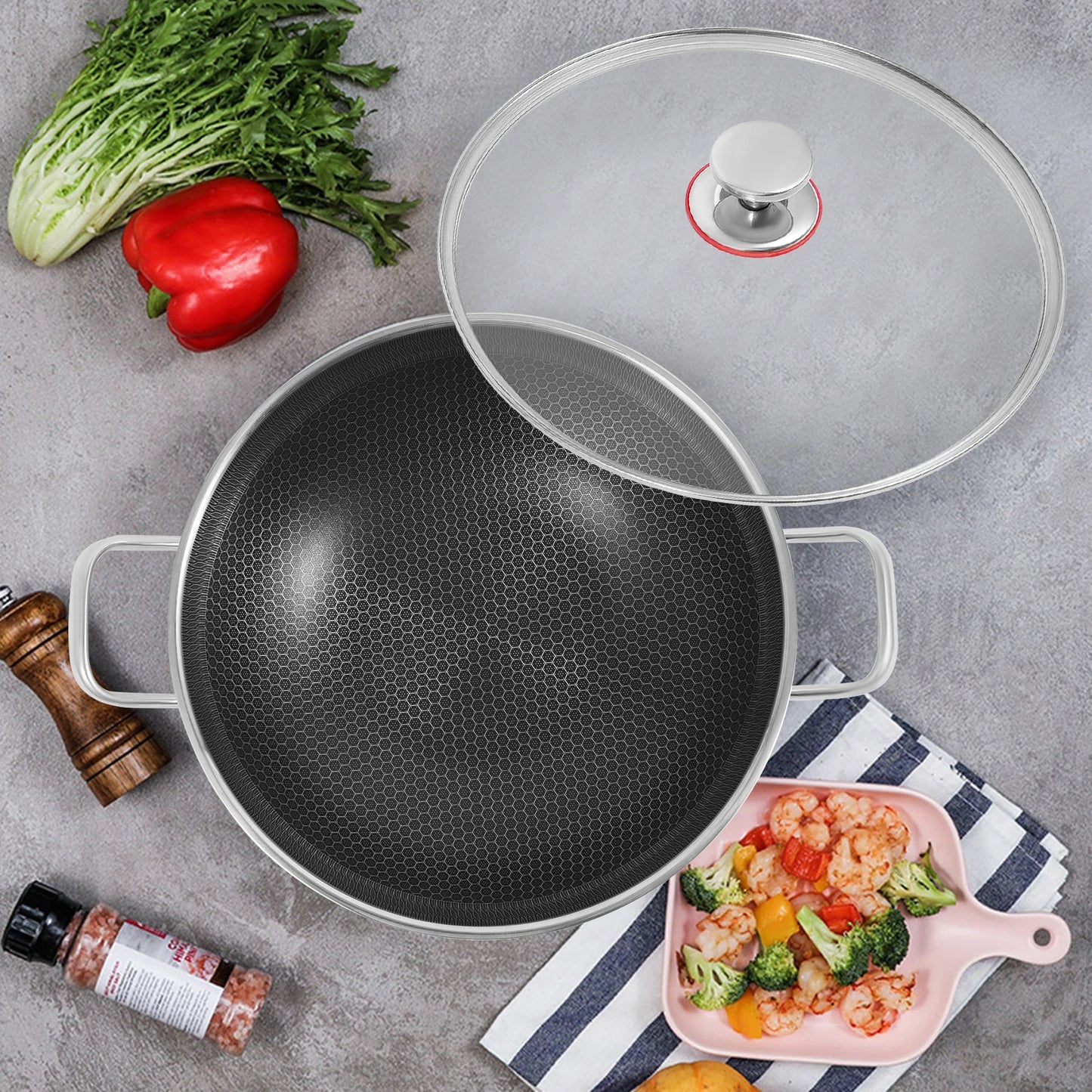 Stainless Steel Nonstick Wok Pan With Tempered Glass Lid For Open Flame