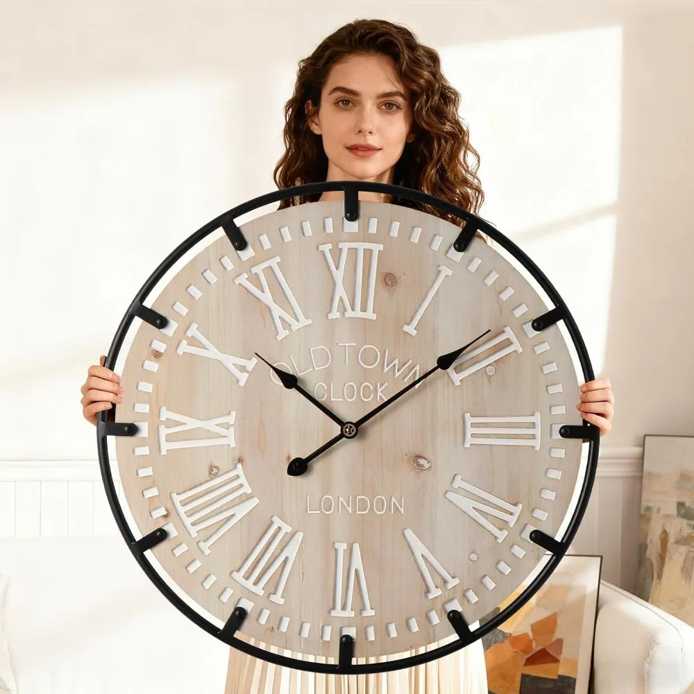 Farmhouse Rustic Wall Clock With Metal Circle Silent Analog Design