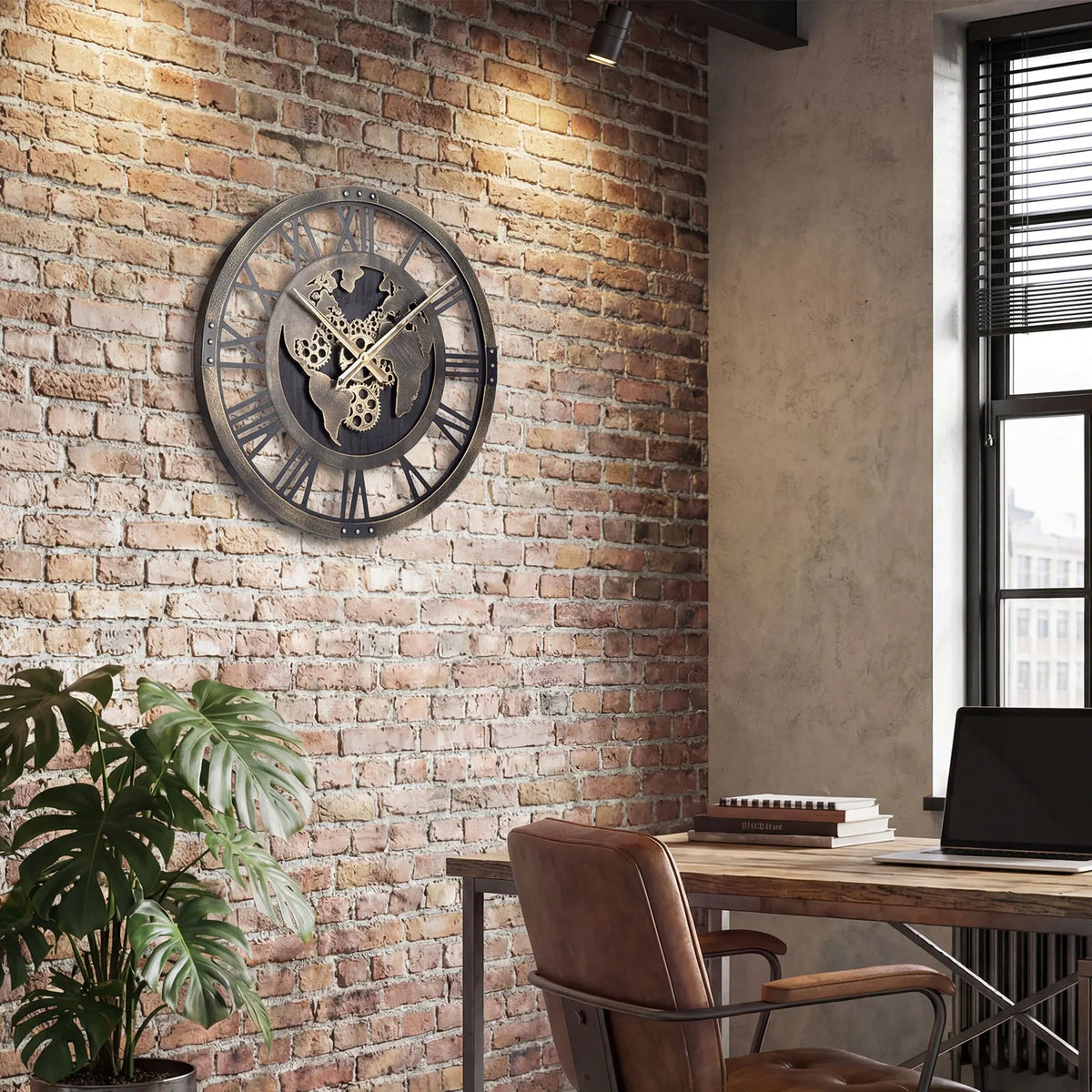 HOMASIS Silent Decorative Metal Gear Wall Clock With World Map