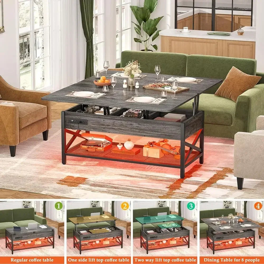 Coffee Table With Lit Top Converts To Dining Table LED Power Outlet