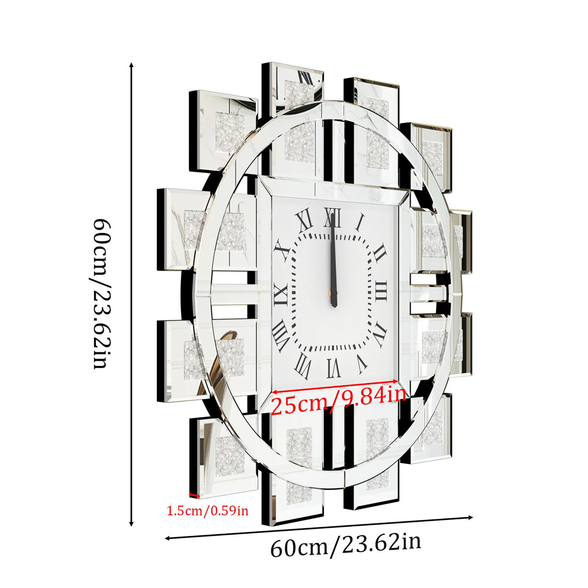 Irregular Mirrored Wall Clock With Diamond Sparkle And Roman Numerals