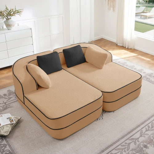Fluffy Teddy Fabric Sleeper Sofa With Double Chaise Modern