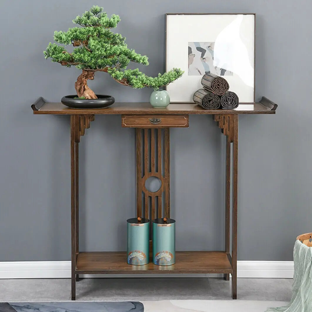 Bamboo Hall Console Table With Drawer And Storage Shelf
