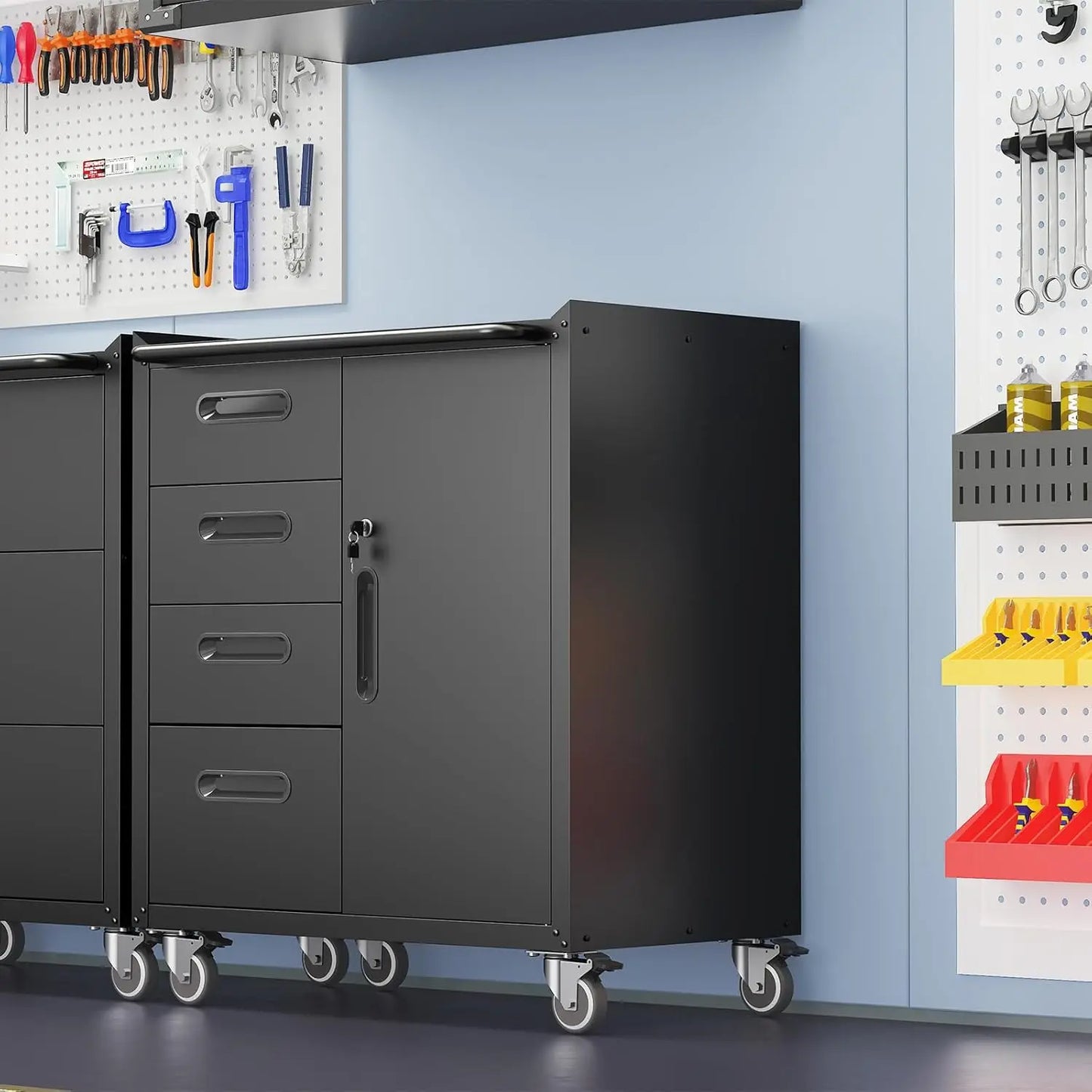 Metal Garage Storage Cabinet With Wheels Four Drawers Locking Door Tool Cabinet