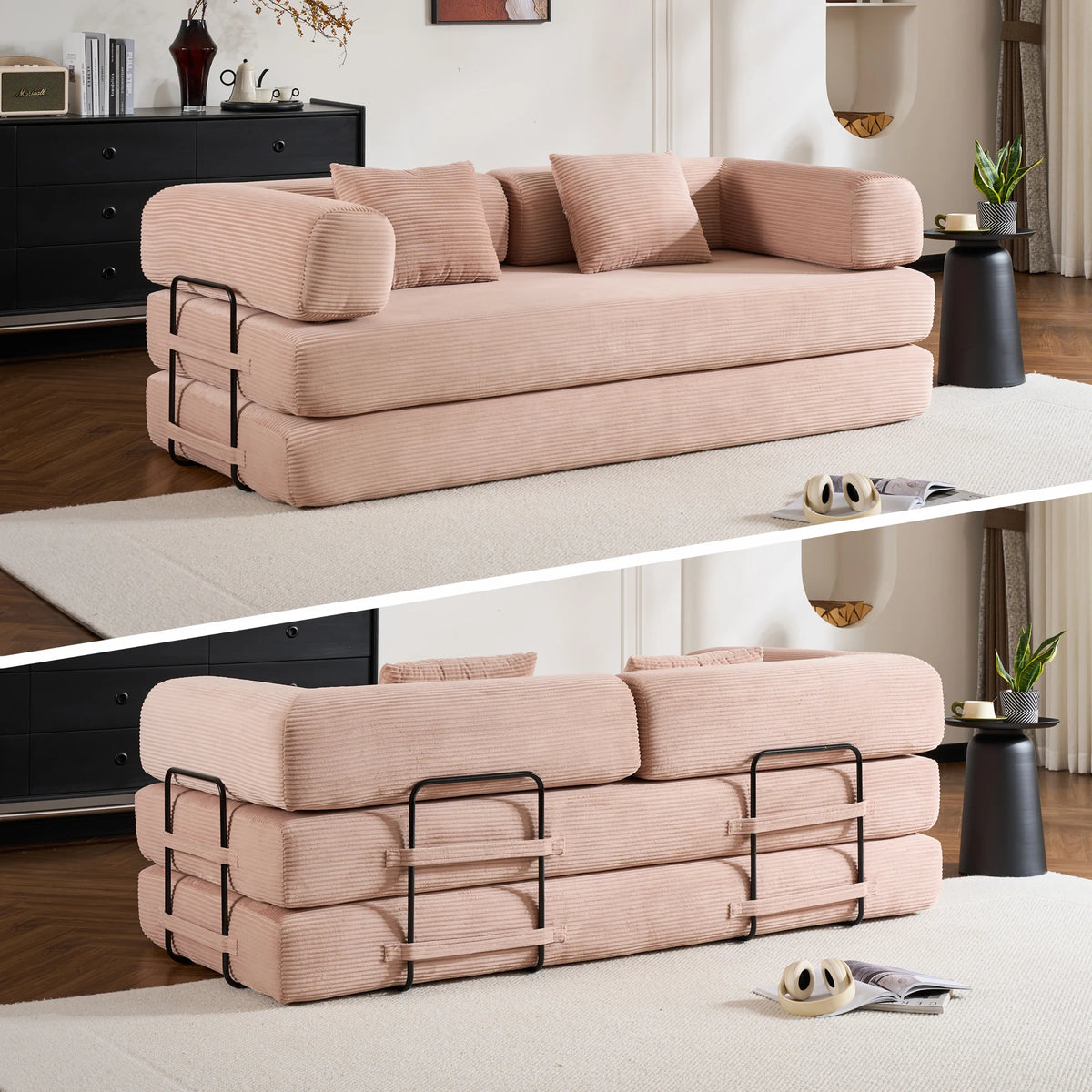 THOLASIS Folding Convertible Sofa Bed Oversized Corduroy Futon Floor Couch