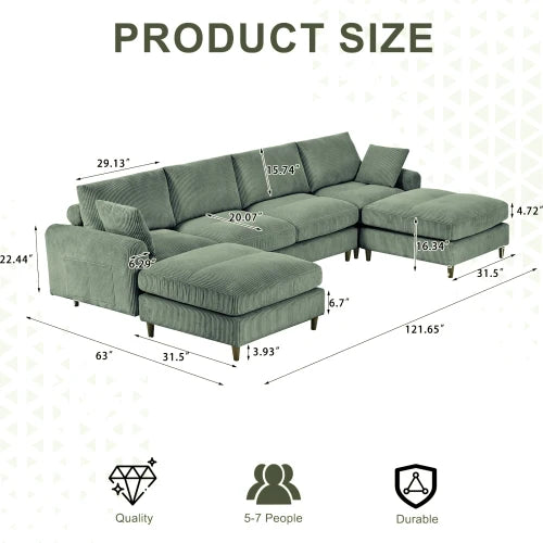 Modular Corduroy Sectional Sofa Set U Shaped Convertible With Pillow Footstool