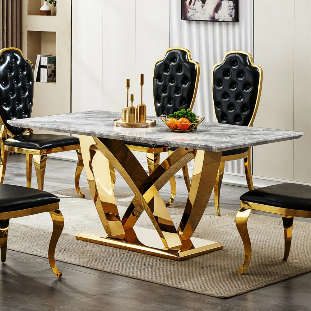 Dutrieux Luxury 6 Person Dining Table Modern Gold Legs Faux Marble