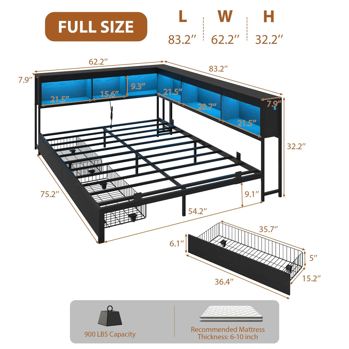 HiMISS Corner Bed Frame, Bookcase Headboard, LED Lights, Charging Station