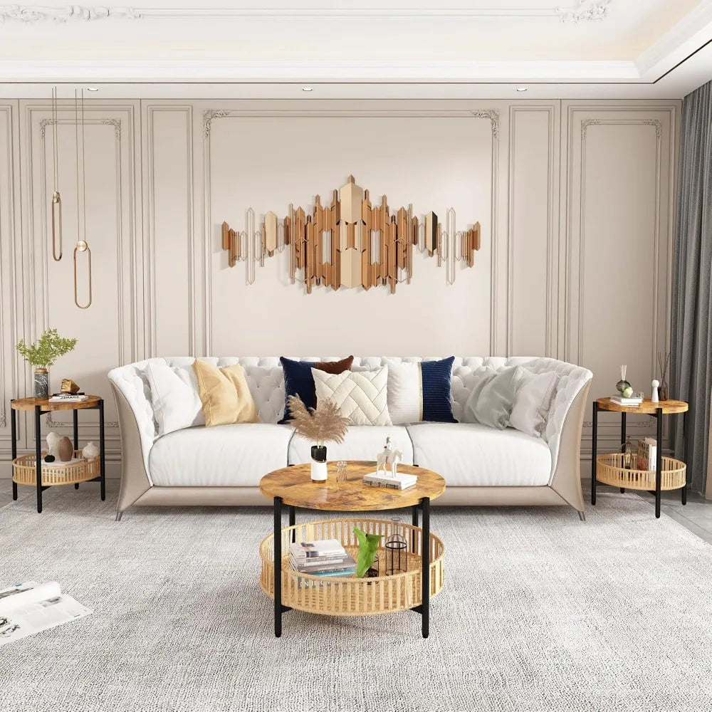 Rattan 3-Piece Coffee Table Set With Two-Tier Round Frame