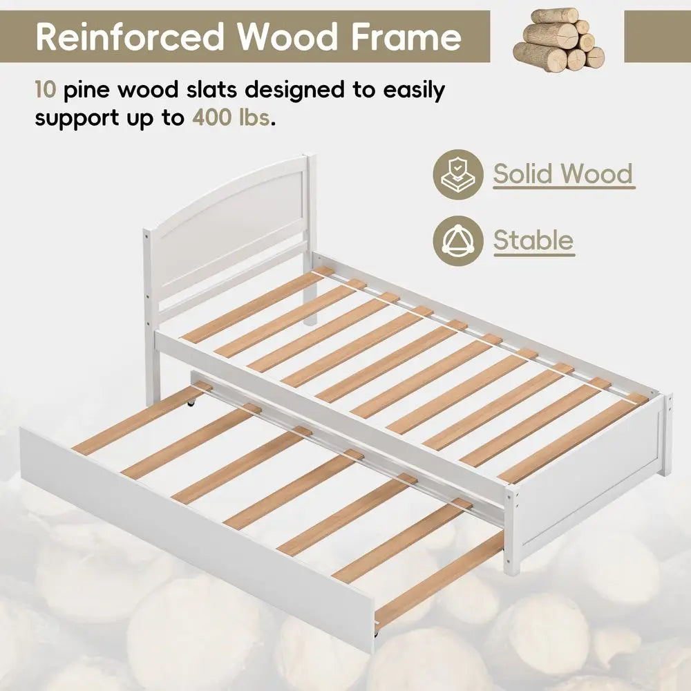 Pine Wood Pull Out Trundle Daybed With Headboard And Slats