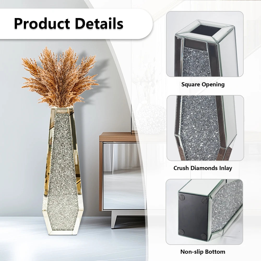 Luxury Crushed Diamond Mirrored Glass Floor Flower Vase