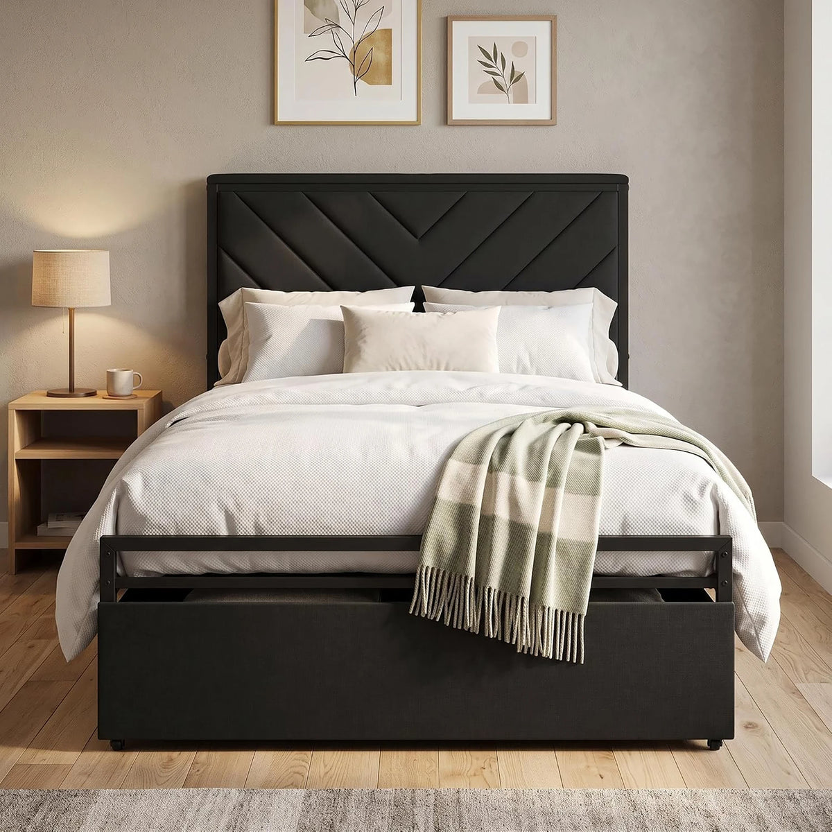 HiMISS Metal Platform Bed With Storage Drawers And Charging Station