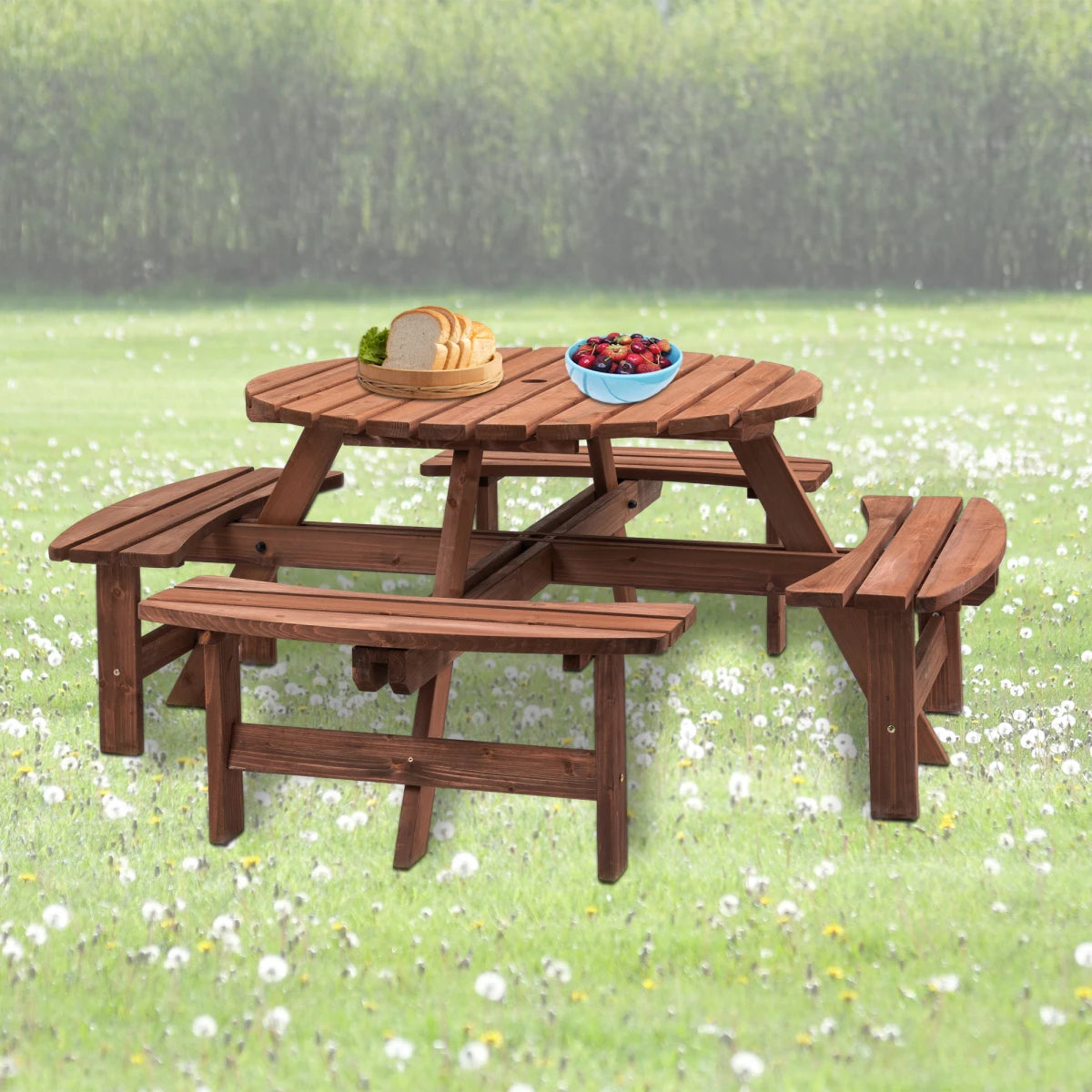 Wooden Outdoor Picnic Table With Built In Benches For Garden