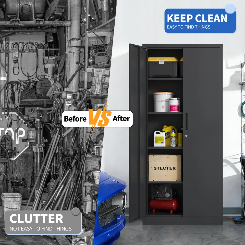 Metal Locking Garage Storage Cabinet With Doors And Shelves
