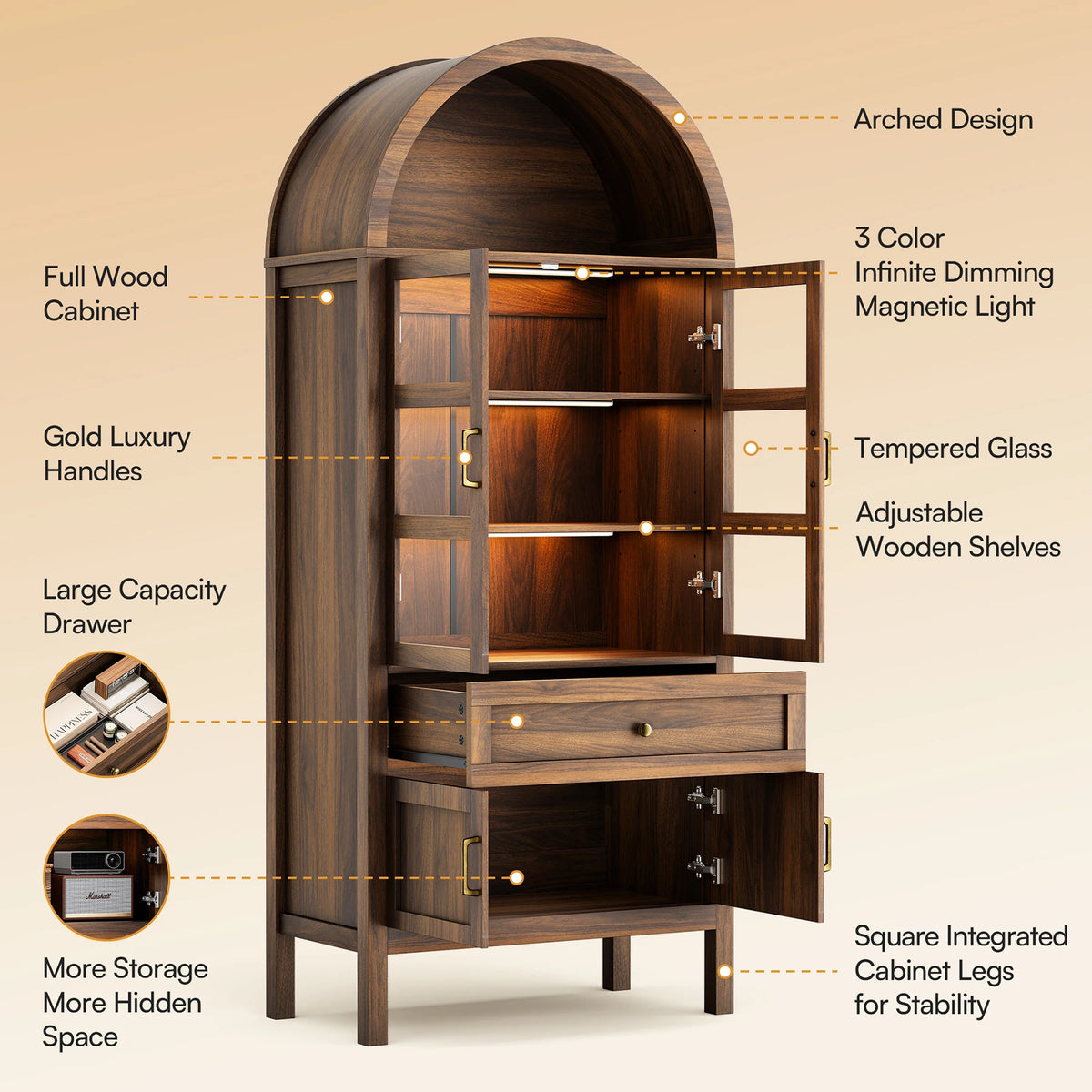 Cottinch Arched Storage Cabinet Adjustable Shelves Dimmable LED Lights