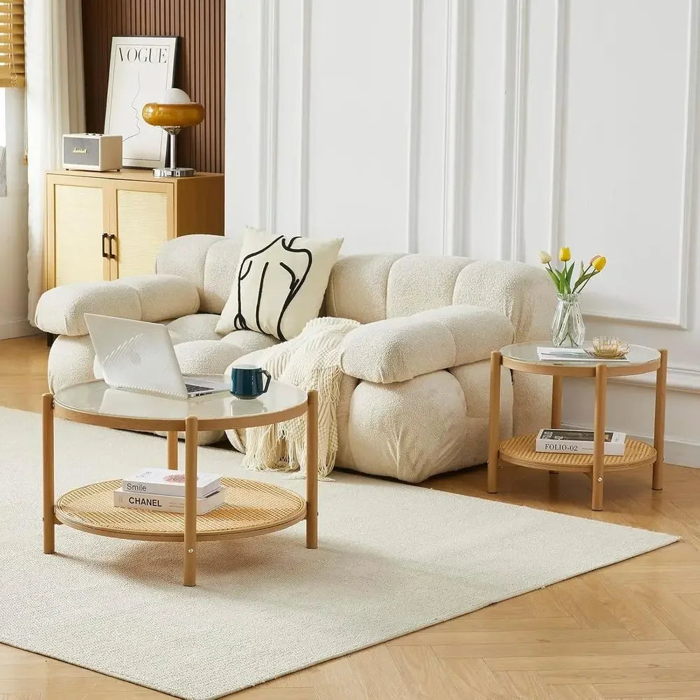 Boho Rattan Coffee Table Set Of 2 For Small Spaces