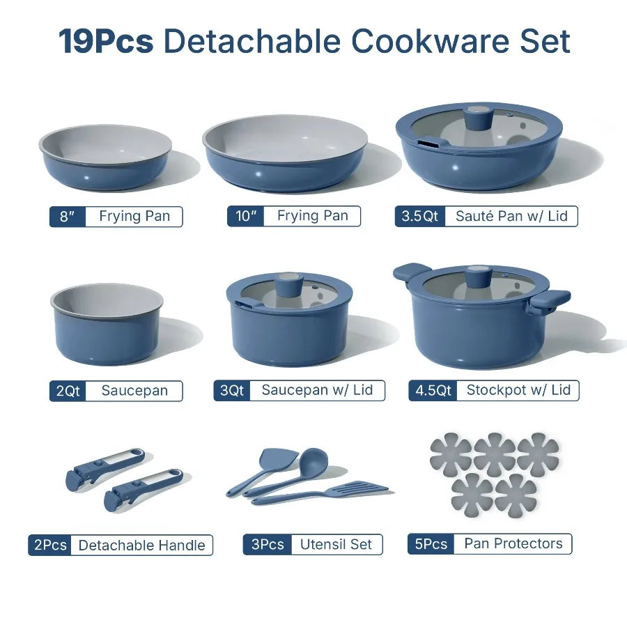 CAROTE 19 Piece Ceramic Nonstick Cookware Set With Detachable Handles