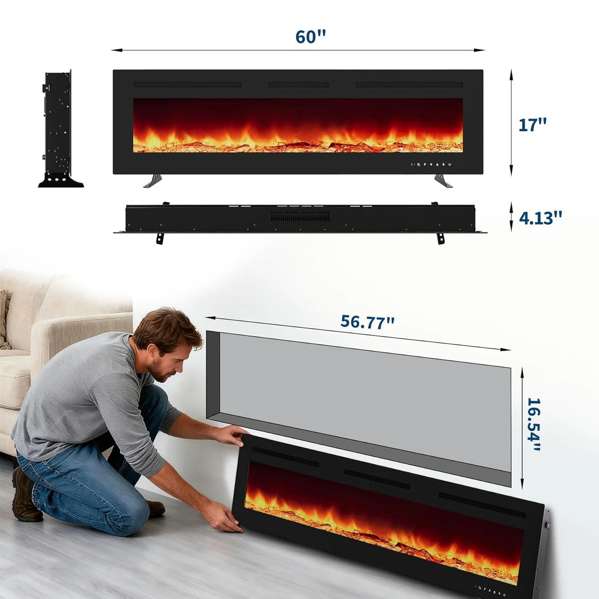 Adoolla Wall Mounted Recessed Electric Fireplace With Remote Control