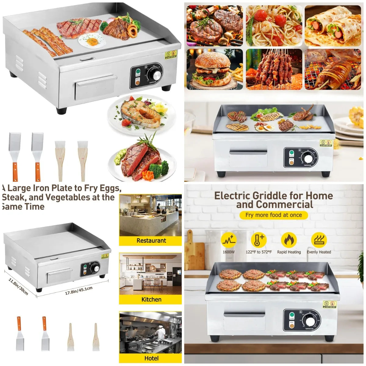 XMSJ 1500W Commercial Stainless Steel Electric Griddle Adjustable Temperature