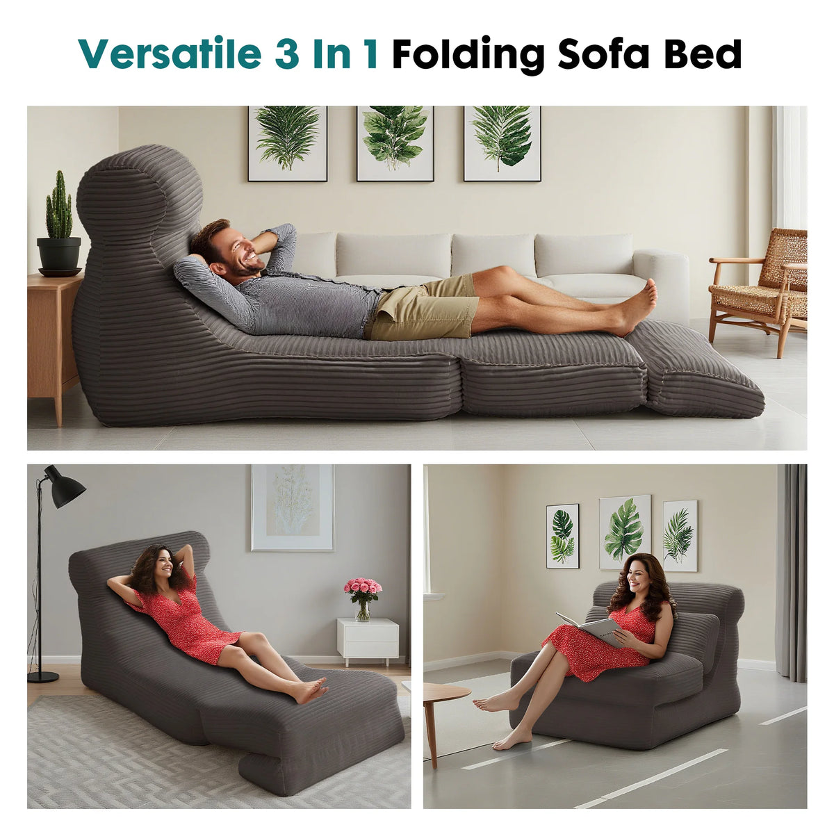 JHK Ergonomic Corduroy Folding Sofa Bed With Lumbar Support