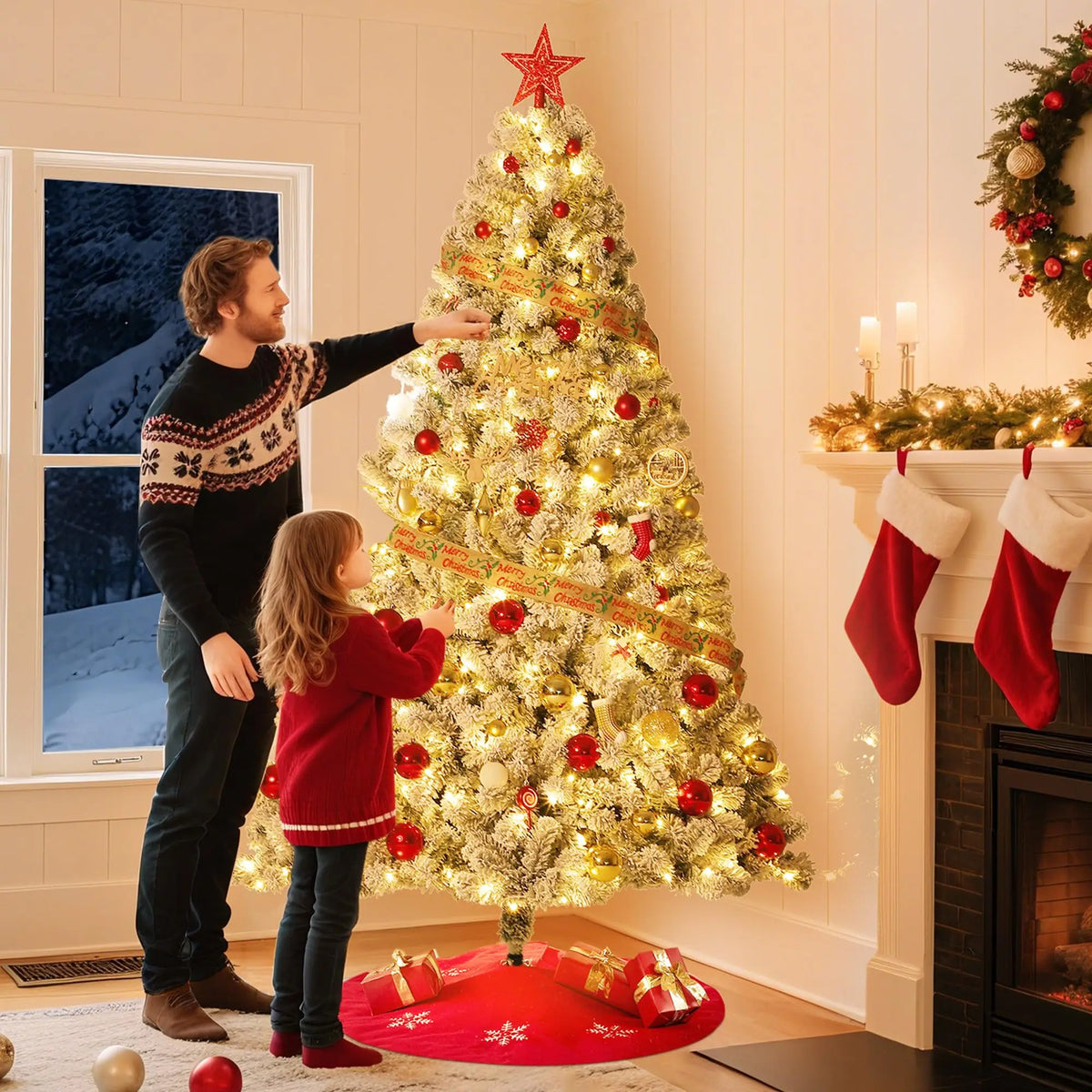 Studyset Snowy Artificial Christmas Tree With 100 Pre Lit Lights